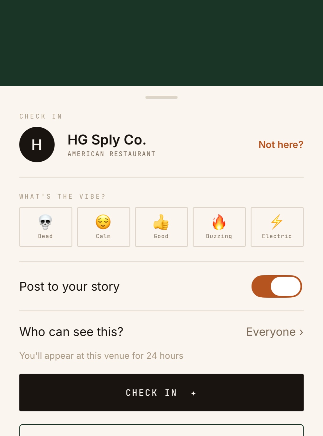 The check-in sheet for HG Sply Co.: vibe emoji from Dead to Electric, a post-to-story toggle, and a who-can-see-this visibility control.