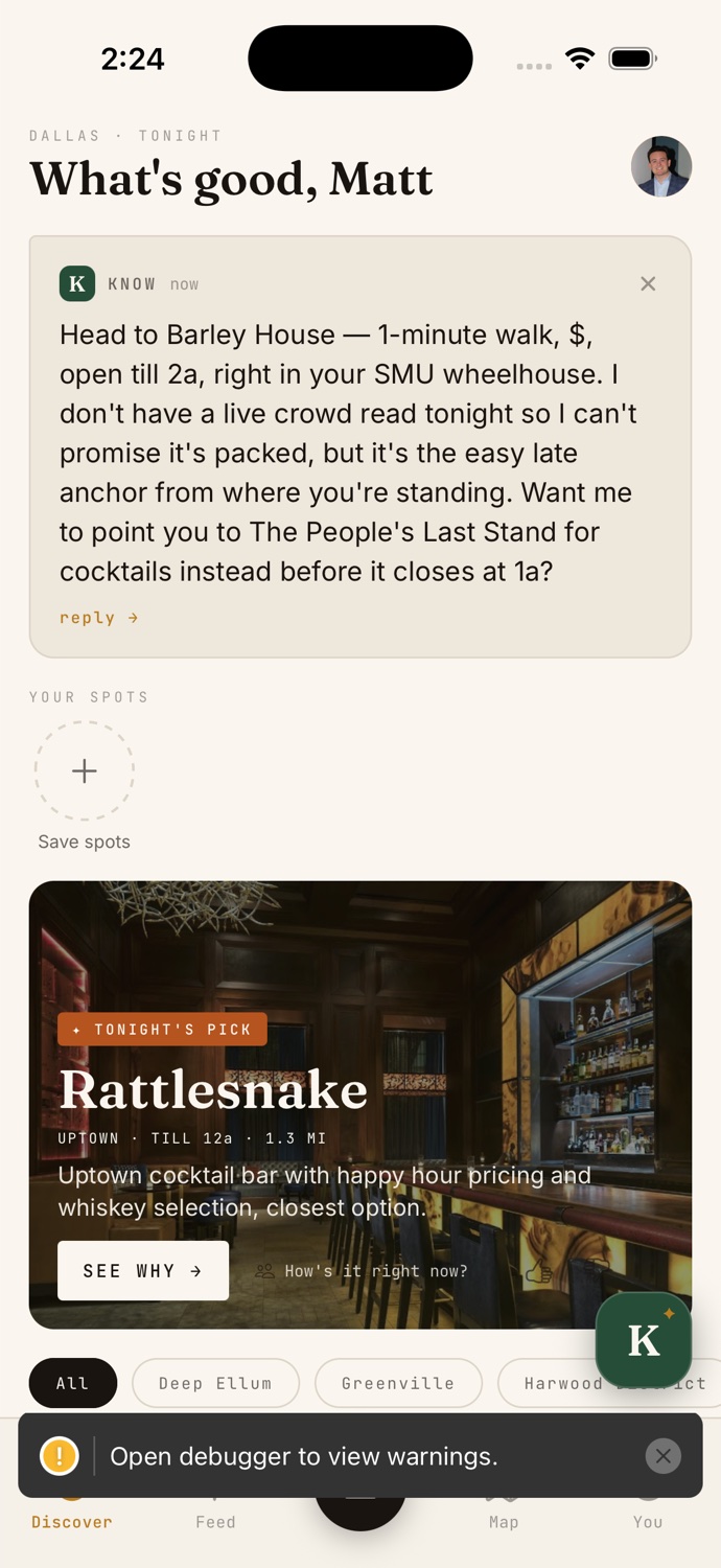A live list of Dallas venues tonight with real deals and busyness percentages: Leela's Wine Bar, Single Wide, Harwood Arms, The Dubliner and more, each with a price and a crowd read.