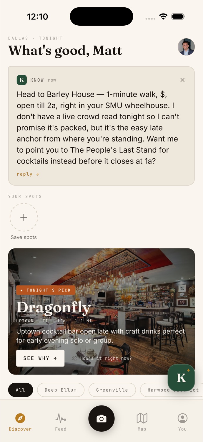 Close view of the KNOW concierge card recommending Barley House with a one-minute walk, a dollar-sign price band, open till 2a, and an explicit admission that there is no live crowd read tonight.