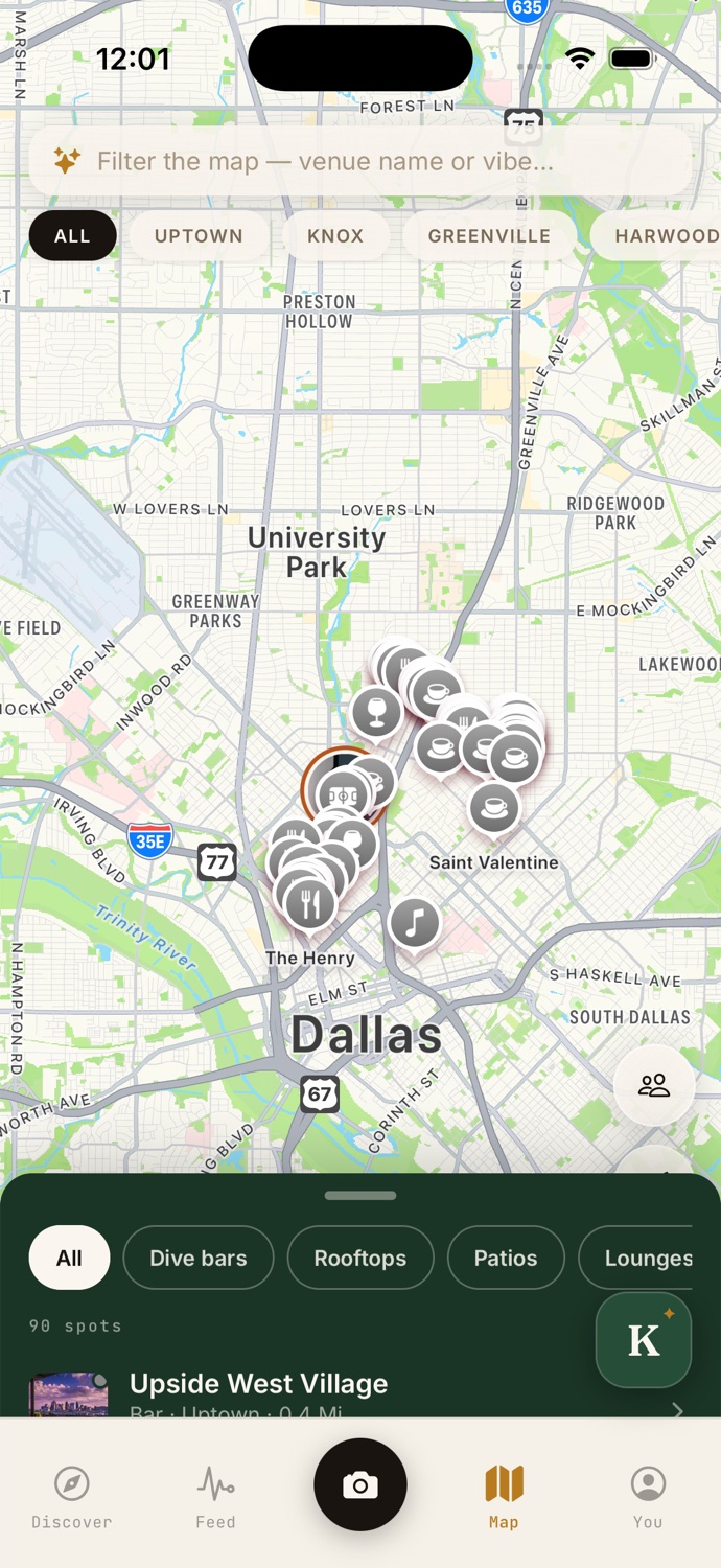 The KNOW map showing Dallas with venue pins clustered through Uptown, Knox and Deep Ellum, neighborhood filter chips across the top, and a drawer listing 90 spots with vibe filters for dive bars, rooftops, patios and lounges.