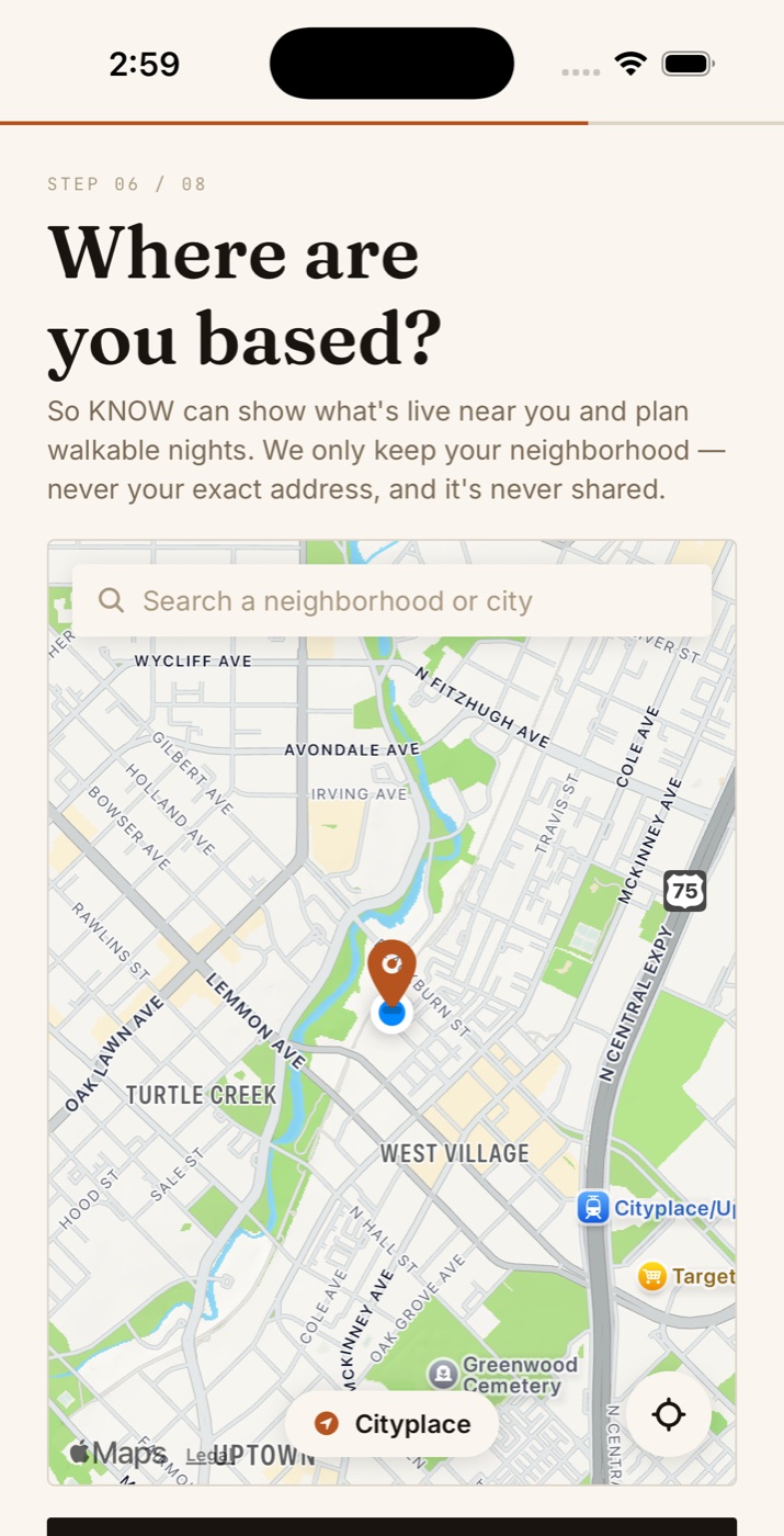 Onboarding step 6 of 8, Where are you based, with a neighborhood map picker and a note that only your neighborhood is kept, never your exact address, and it is never shared.