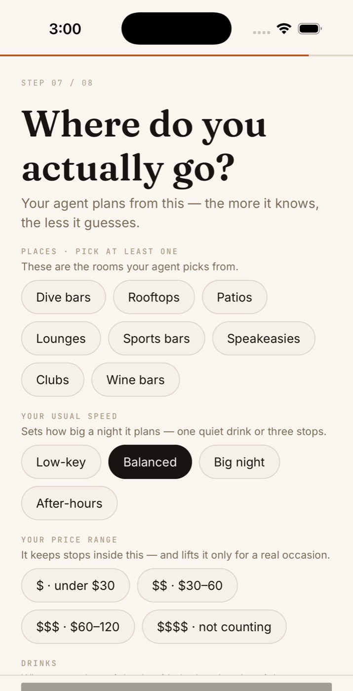 Onboarding step 7 of 8, Where do you actually go, with venue-type chips (dive bars, rooftops, patios, lounges, sports bars, speakeasies, clubs, wine bars), a speed selector, and a price range.