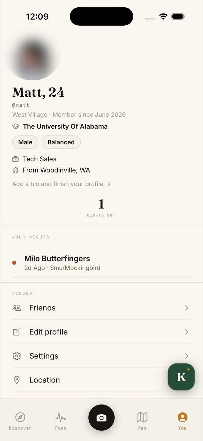A KNOW profile showing a nights-out count, a saved night at a Dallas venue, and account options. Personal identity fields are blurred.